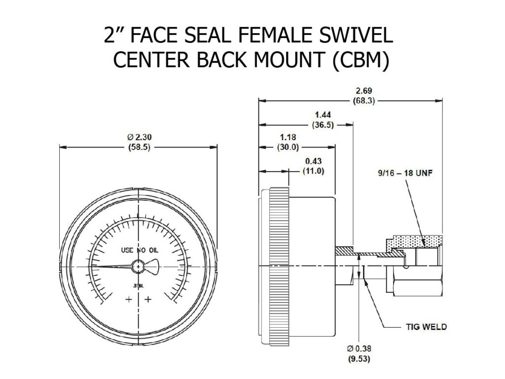 Technical drawing of 2in Face Seal Female Swivel - CENTER BACK Mount 4