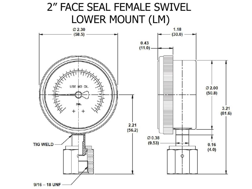 Technical drawing of 2in Face Seal Female Swivel - Lower Mount 2