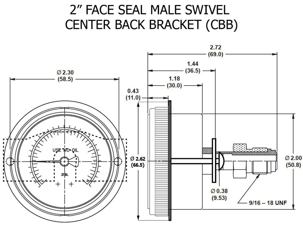 Technical drawing of 2in Face Seal Male Swivel - CENTER BACK BRACKET