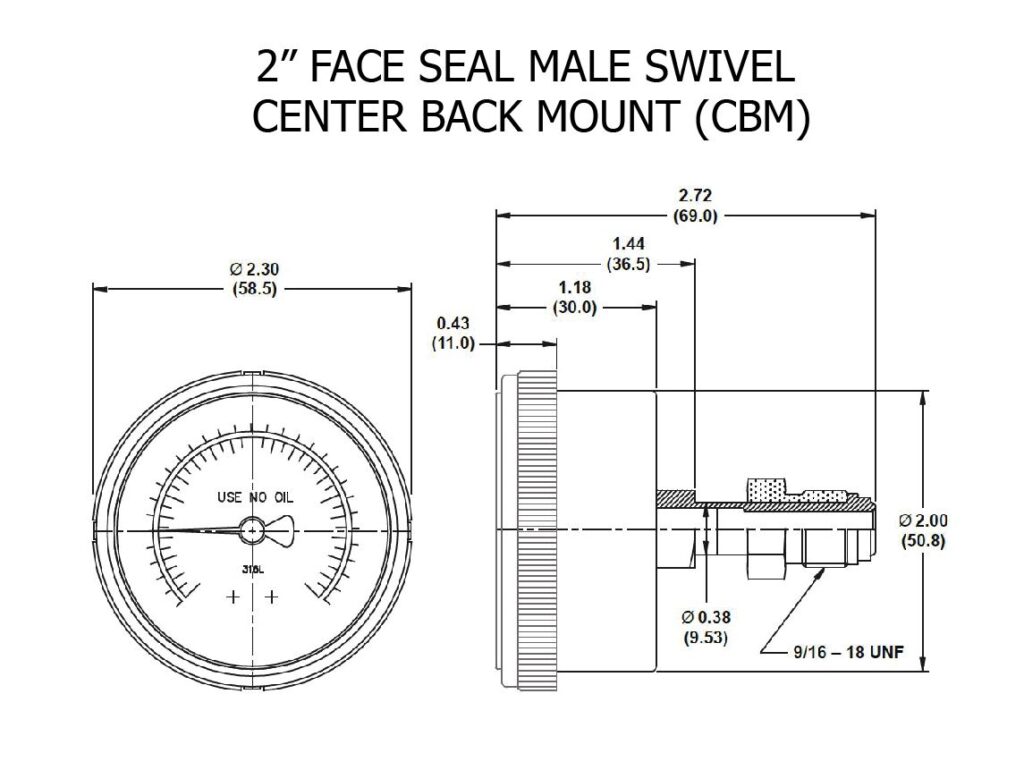 Technical drawing of 2in Face Seal Male Swivel - CENTER BACK Mount 3
