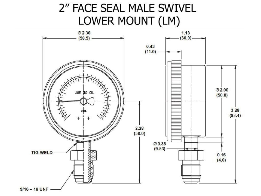 Technical drawing of 2in Face Seal Male Swivel - Lower Mount